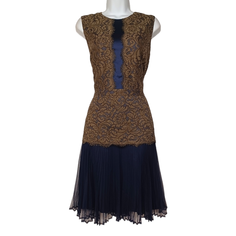 MARCHESA VOYAGE Green Lace Pleated Navy Blue A Line Sleeveless Dress 8 NWT
